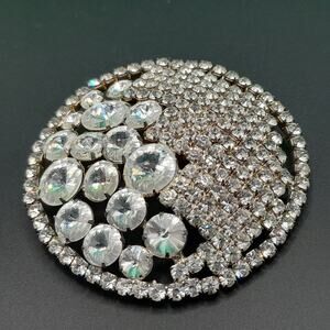 Vintage Domed Clear Rhinestone Brooch Rivoli & Round Prong Set Silver Tone
